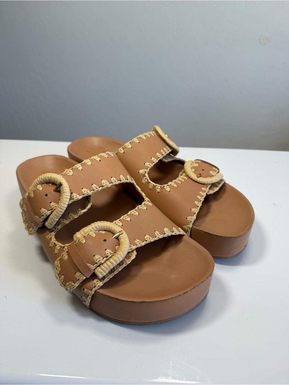 Marc Fisher LTD Raffia Buckle Slide Sandals Platform Tan 8.5